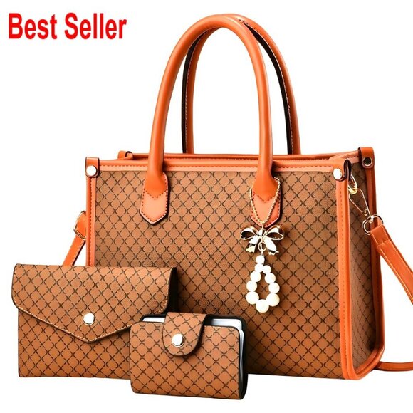 Handbags - PU Leather 3-Piece Handbag Set with Tote, Satchel & Wallet
